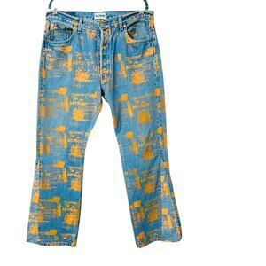 Astrum Mens Blue Denim Jeans with Orange Spiral Graphic Print Size W36 L32